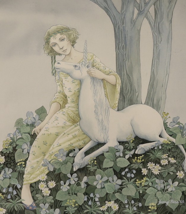 Jenny Press, watercolour, Maiden and a unicorn, signed and dated '88, 26 x 23cm